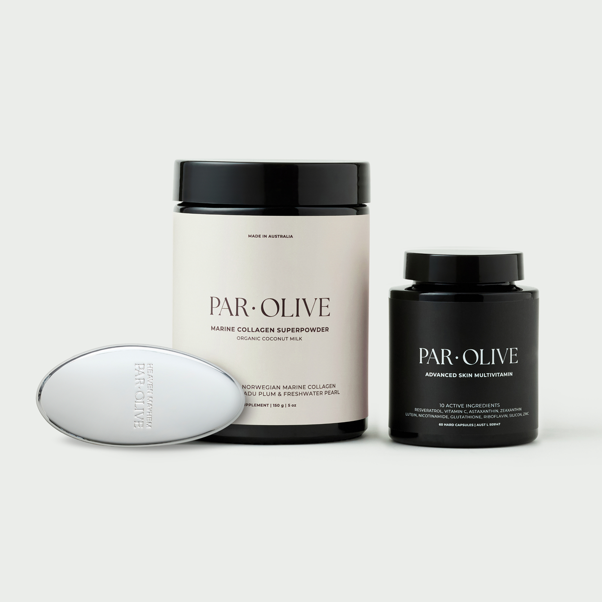 The Skin Longevity System: Marine Collagen Superpowder (coconut), Advanced Skin Multivitamin and the complimentary Capsule Case