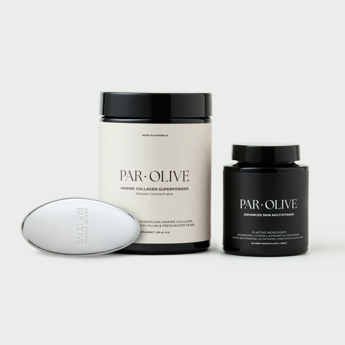 The Skin Longevity System: Marine Collagen Superpowder (coconut), Advanced Skin Multivitamin and the complimentary Capsule Case
