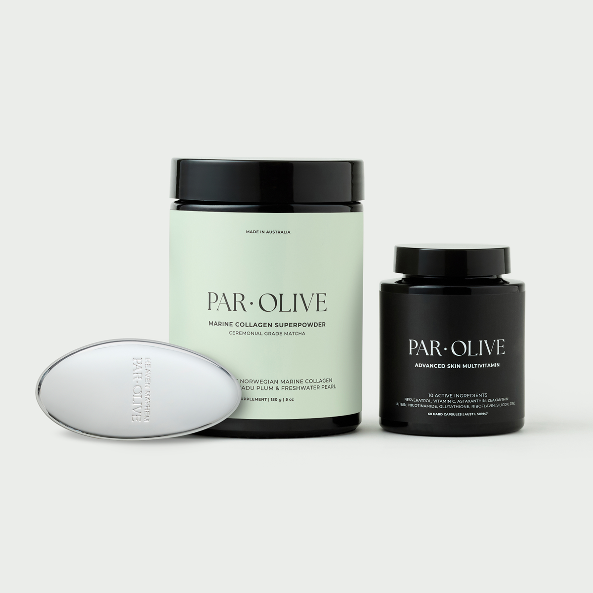 The Skin Longevity System: Marine Collagen Superpowder (matcha), Advanced Skin Multivitamin and the complimentary Capsule Case