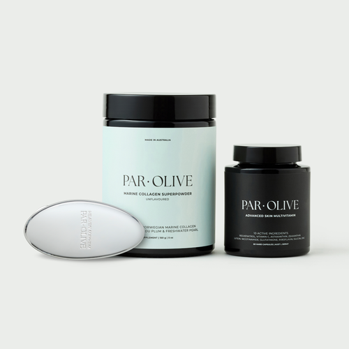 The Skin Longevity System: Marine Collagen Superpowder (unflavoured), Advanced Skin Multivitamin and the complimentary Capsule Case